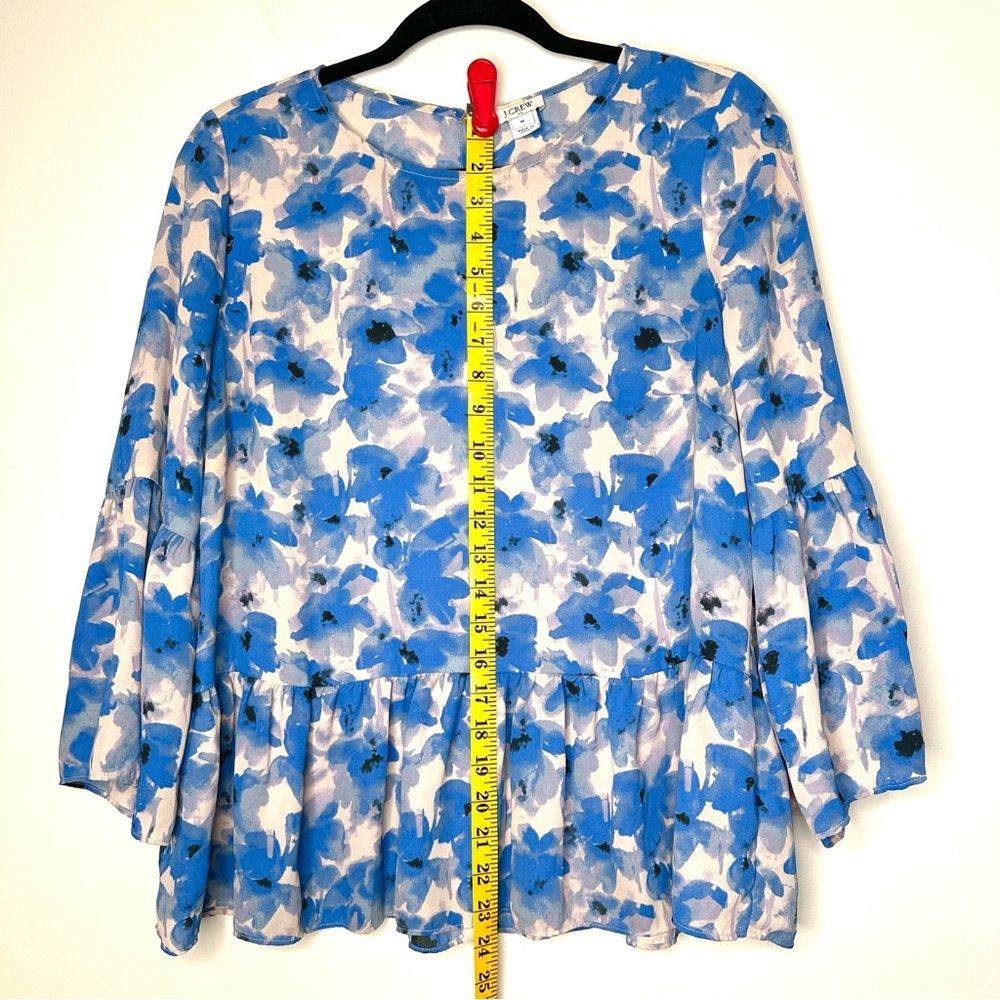 Women’s J Crew Floral Peplum Top Shirt Ruffled Blue Off White - Picture 5 of 8